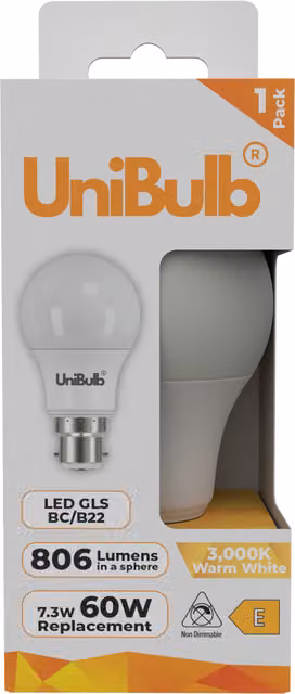 UniBulb LED GLS B22 Globe Bulb, 7.3W, 806lm, 3000K Warm White