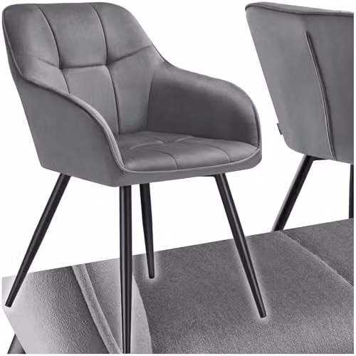 tectake Marilyn Dining Chair with Velvet-Look Fabric and Geometric Pattern in Grey/Black