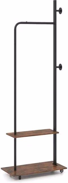 Costway Rolling Wooden Clothing Rack with Hanging Rod and Side Hooks in Brown – 1
