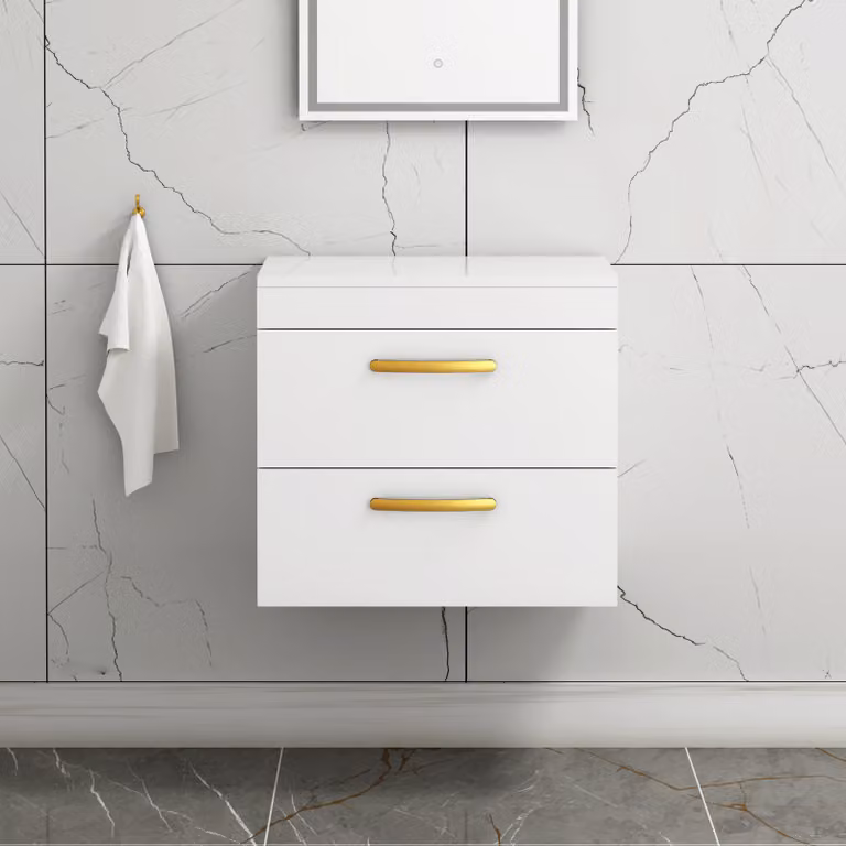 Royal Bathrooms Gloss White Wall Hung 2 Drawer Vanity Unit with Brushed Brass Handles