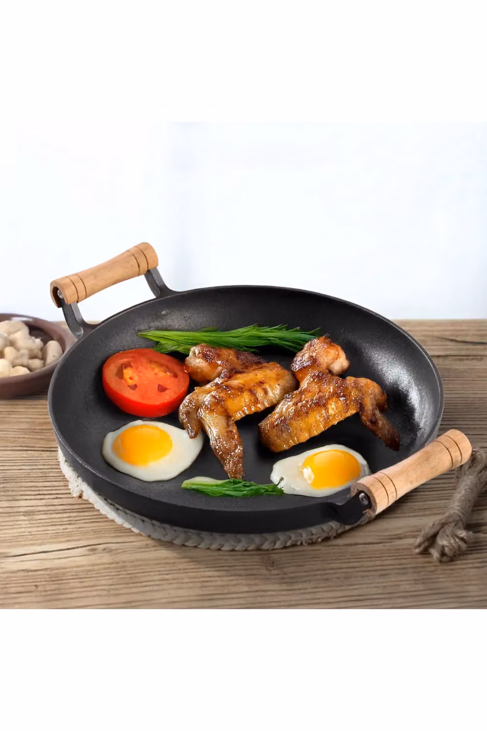 Living and Home Uncoated Cast Iron Dual-handle Round Skillet Frying Pan, Black, Diameter: 32 cm – 3