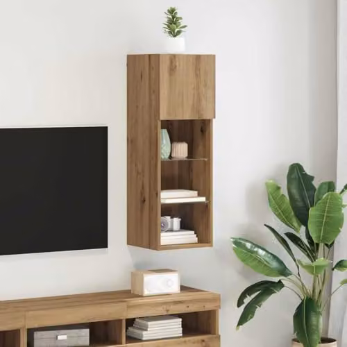 vidaXL Modern Wall-mounted TV Cabinet in Oak Brown with Glass Doors and Integrated Lighting, W/D/H: 90 x 30 x 30 cm – 2