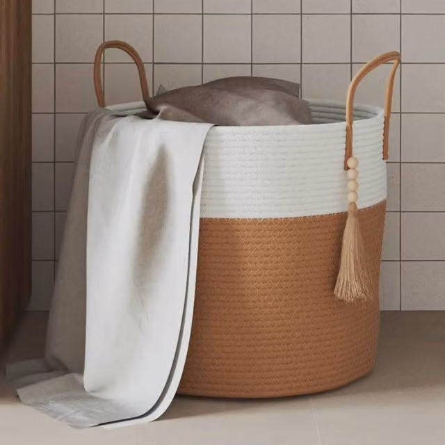 Berkfield Cotton Open Weave Storage Basket in Brown and White, W: 40 cm, D: 35 cm, H: 35 cm