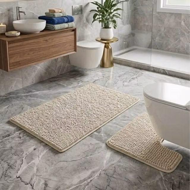 Snug City 2-Piece Chenille Loop Bath Mat and WC Pedestal Mat Set, Beige, W: 50 cm x L: 80 cm – 1