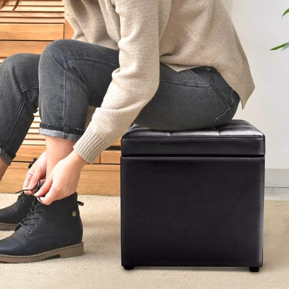 Kelvenix Black Faux Leather Cube Storage Ottoman – 4