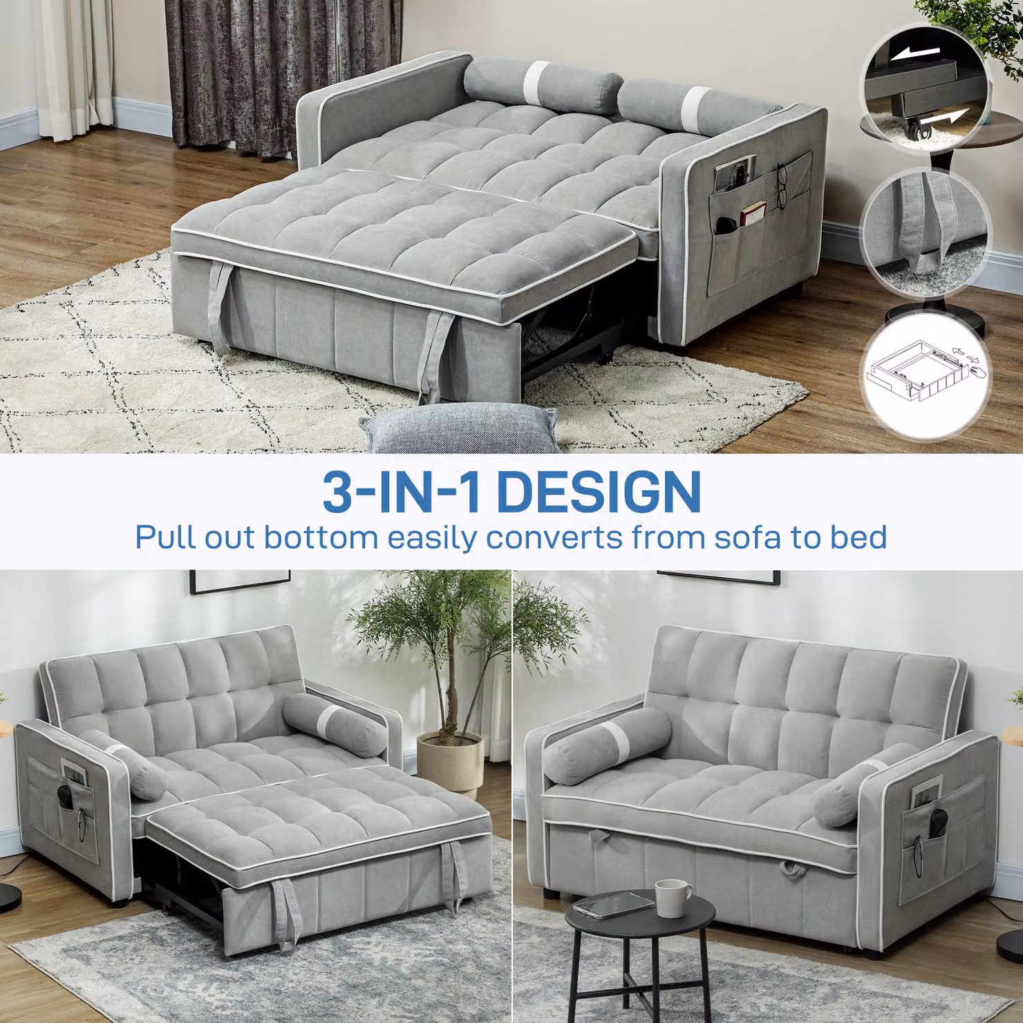 HOMCOM Two-Seater Linen-Look Sofa Bed in Grey with Fabric Upholstery and Scatter Cushions – 3