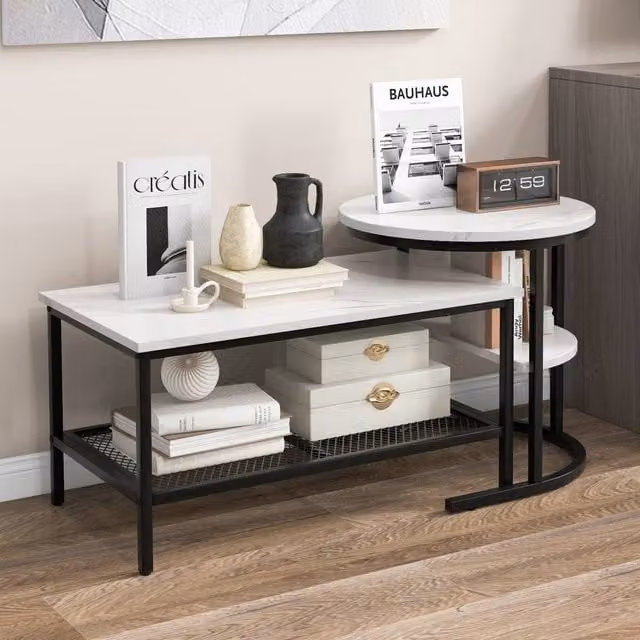 CASART Set of 2 Nesting Coffee and Side Tables with Black Faux Marble Effect Tops – 1