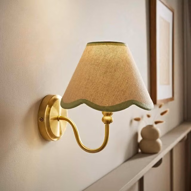 ValueLights Binky Rechargeable LED Wall Light with Trim Scallop Shade in Sage Green and Gold/Brass