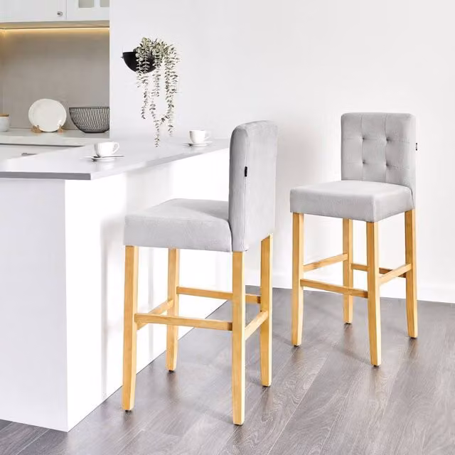 Wyld and Coco Grey Tufted Fabric Bar Stool Set of 2 with Rubberwood Footrest