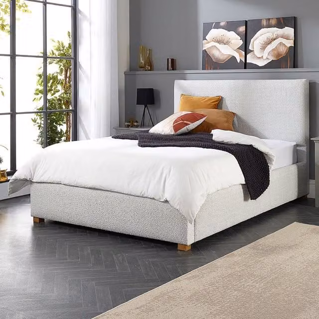 Aspire Grey Bouclé Upholstered Garland Ottoman Bed Frame with Lift Up Base, W/D/H: 180 x 160 x 35 cm
