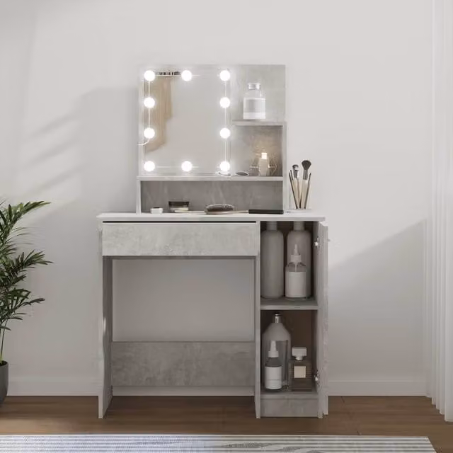 Berkfield Home Modern Dressing Table with Hollywood LED in Concrete Grey, W: 86.5 cm, D: 35 cm, H: 136 cm – 1