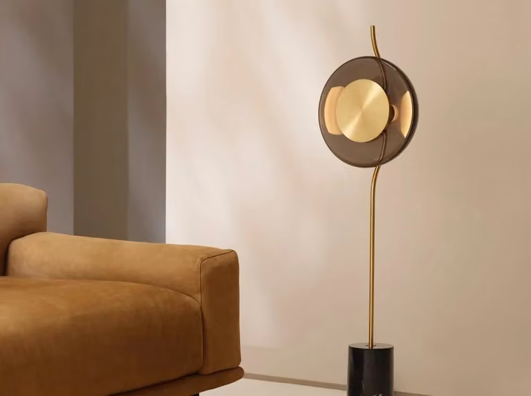 CTO Lighting Pendulum Floor Lamp in Gold/Brass with Transparent Glass and Marble Base