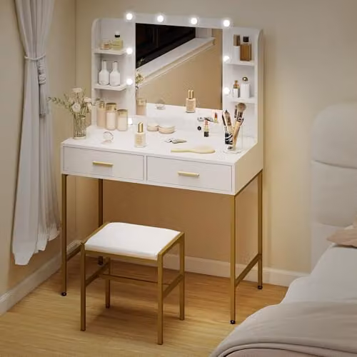 HOMCOM Makeup Vanity Desk Set with Hollywood LED Lighted Mirror, Stool and Drawers, White, W/D/H: 132.5 x 45 x 76.7 cm – 3