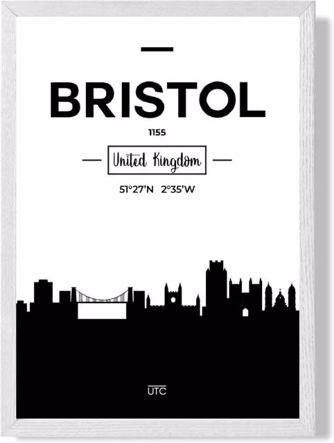 ARTZE Bristol Black and White City Skyline Framed Print in White Frame, A2