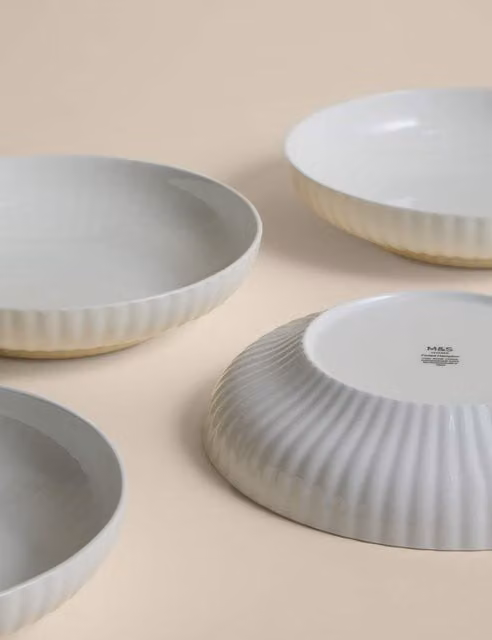 M&S Set of 4 Hampton Fluted Pasta Bowls in White Bone China and Ceramic