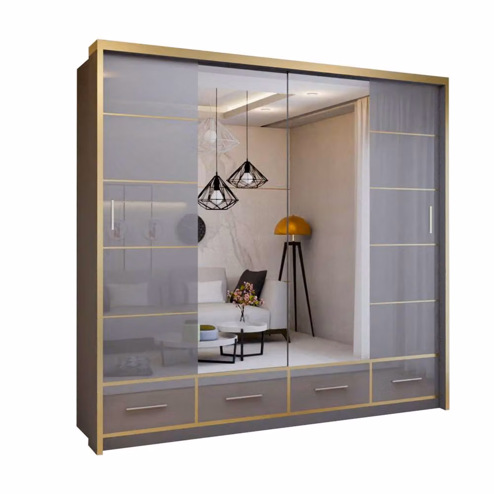 Sliding Wardrobes 4U Modern High Gloss Sliding Wardrobe with LED Light, Grey and Gold, W: 203 cm, H: 220 cm – 2