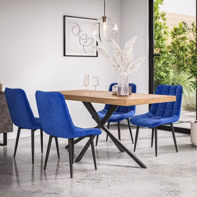 More4Homes Donni Dining Table and 4 Nova Velvet Chairs in Blue and Black with Oak Effect Top