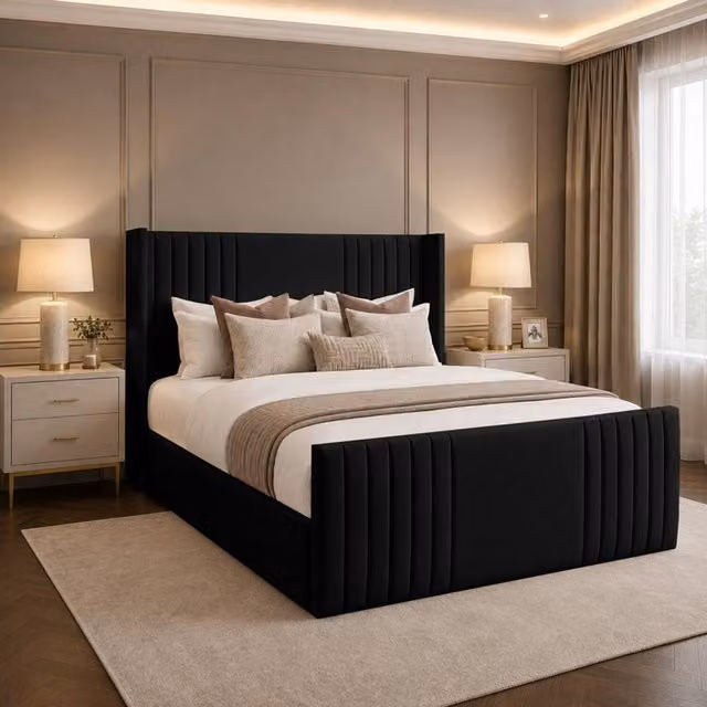 Desire Deco Carolyn Plush Velvet Wingback Upholstered Panel Bed Frame in Black, W/D/H: 120 x 200 cm