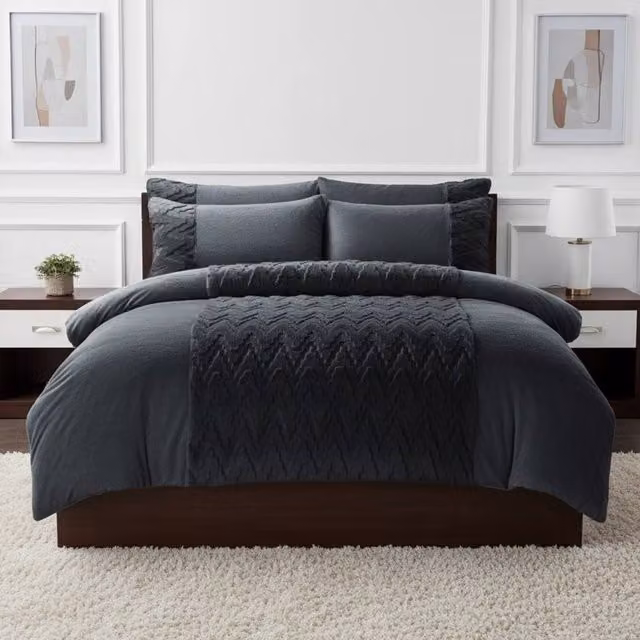 Snug City Zig Zag 3D Teddy Fleece Duvet Cover Set with Pillowcases, Grey, W: 180 cm, D: 200 cm
