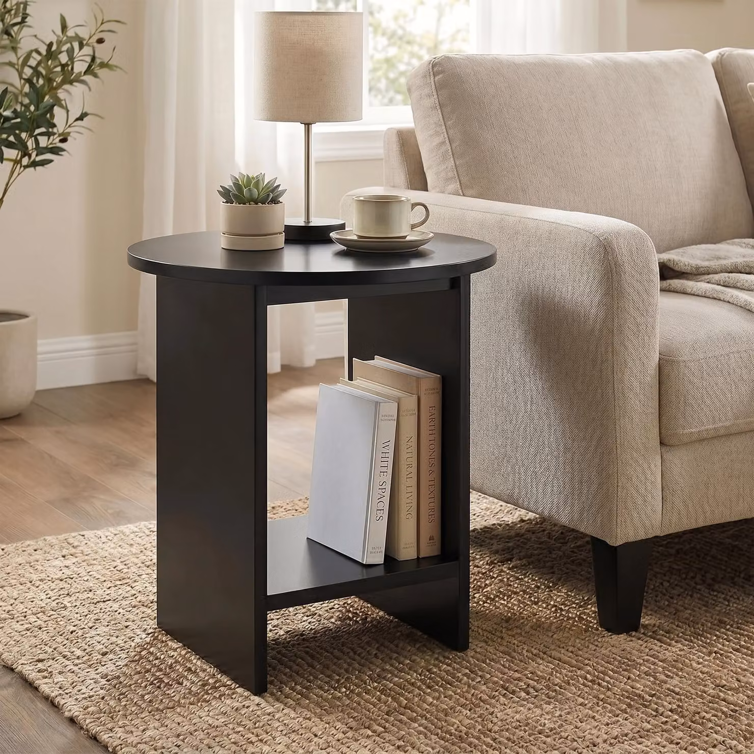 DHS Black Round Small Side Table with Shelf, W/D/H: 45 x 50 x 45 cm