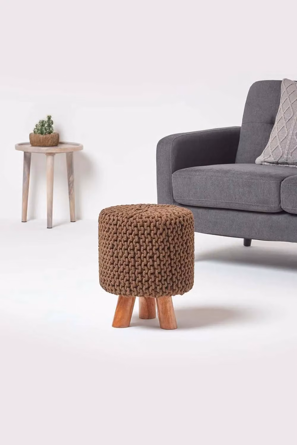 Homescapes Tall Cotton Knitted Footstool in Brown – 2