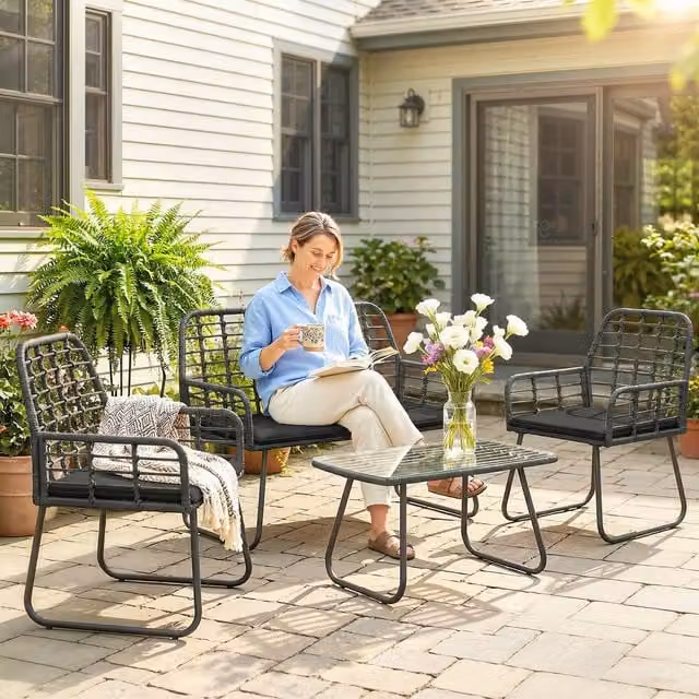 Outsunny Four Piece Modern Rattan Garden Furniture Set in Black