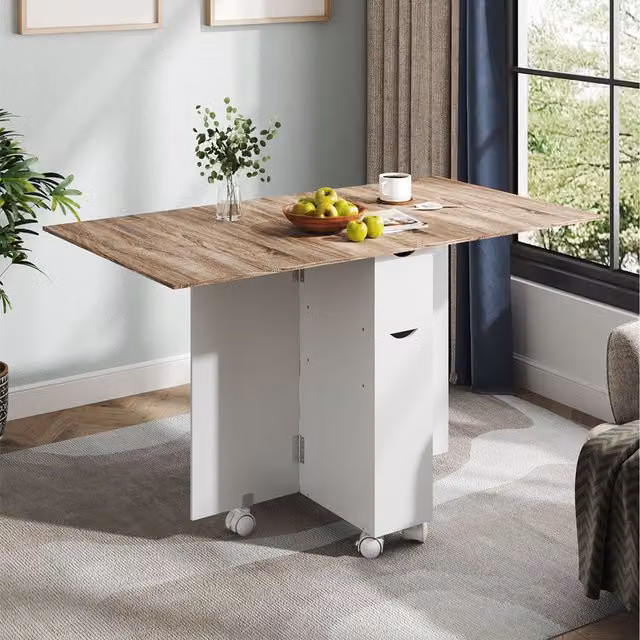 Komore Modern Oak Foldable Dining Table with Dual Drawers and Castors in Brown