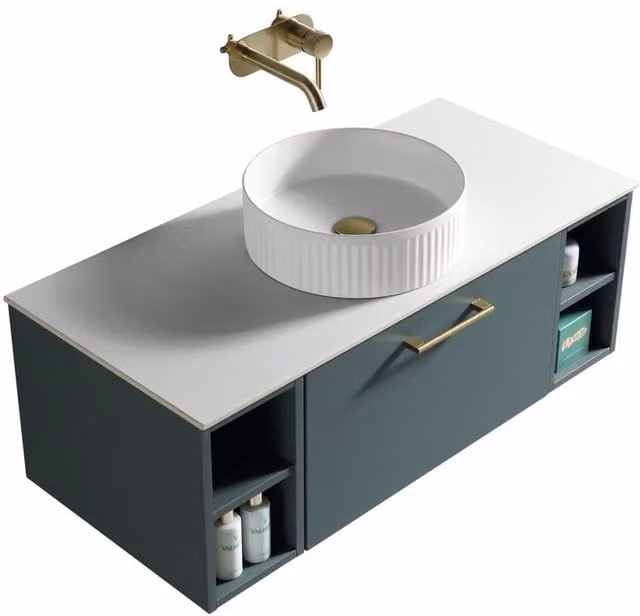 Bathroom Kingdom Piatta Smoked Sage Wall Hung Basin Drawer Vanity in Dark Green, Width: 100 cm