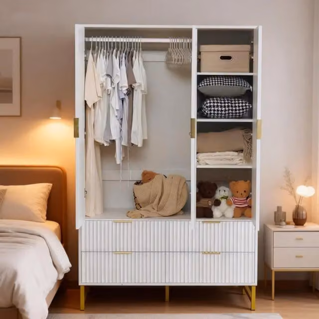 Furniture One Modern Fluted Wardrobe with Hinged Doors and Integrated Drawers in White, Height: 185 cm