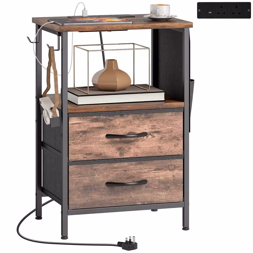 STILVORA Rustic Brown Bedside Table with Charging Station and Storage – 5