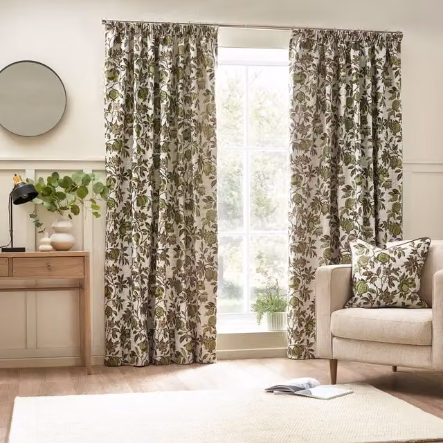 Wylder Tropics Pomegranate Floral Jacquard Pencil Pleat Curtains in Green, Width: 168 cm, Drop: 183 cm – 1