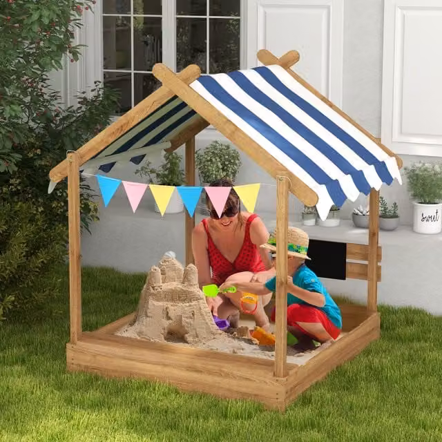 Outsunny Sandpit House with Canopy, Blackboard, Sink and Seats in Brown