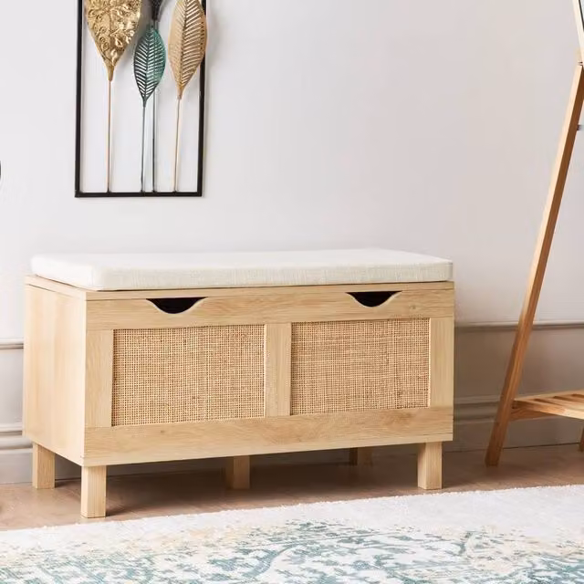Wyld and Coco Rustic Light Wood Storage Bench with Cushioned Top and Rattan Fronts in Brown and Beige
