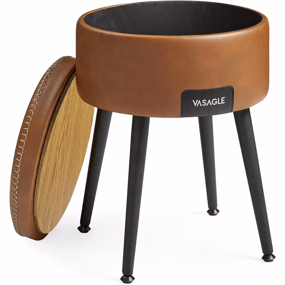 VASAGLE Round Storage Ottoman Dressing Stool in Brown Synthetic Leather with Metal Legs – 3