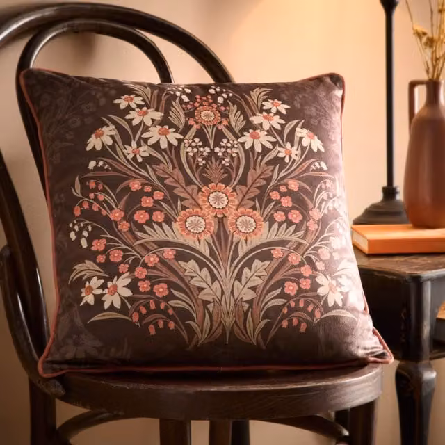 Appletree Audrey Floral Velvet Square Filled Cushion, Brown, W/D/H: 43 x 43 x 43 cm – 1