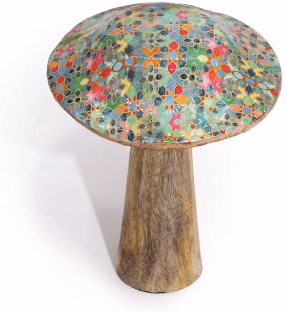 KDMD Small Wooden Mushroom with Mediterranean Geometric Tile Pattern in Multicolour