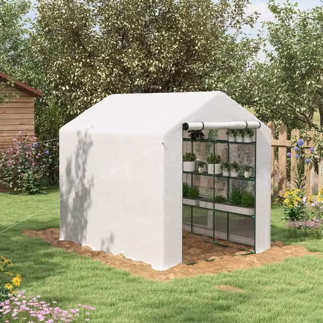 Outsunny White Steeple Walk-in Poly Tunnel Greenhouse for Vegetable Gardens