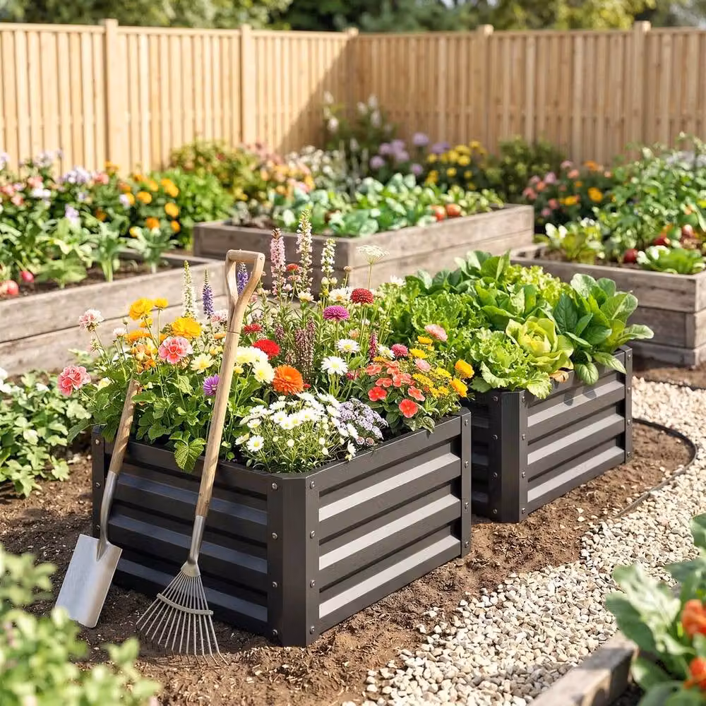 NESTLUNE Set of 2 Grey Galvanised Steel Raised Garden Planter Boxes – 3
