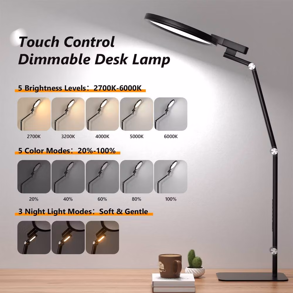 COMELY 15W LED Desk Lamp in Black with USB Charging, Adjustable Brightness and 5 Colour Temperatures – 2