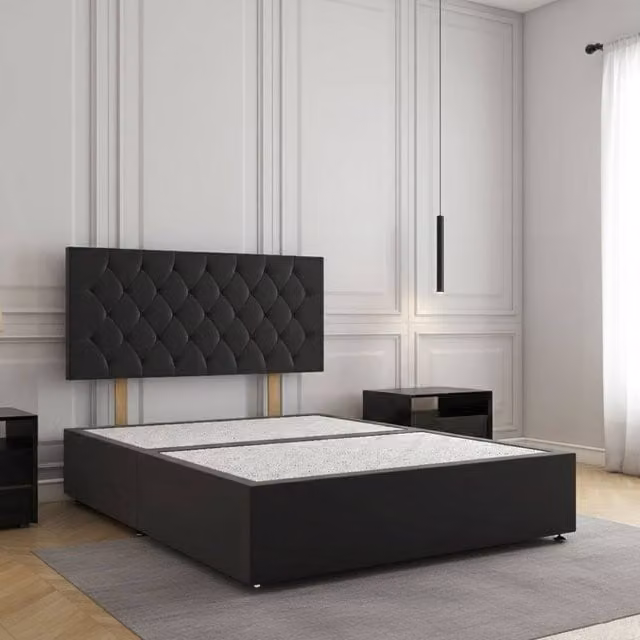 Regional Furnishings Super King Upholstered Plush Velvet Divan Bed with 24 inch Headboard in Black, W: 200 cm x D: 200 cm
