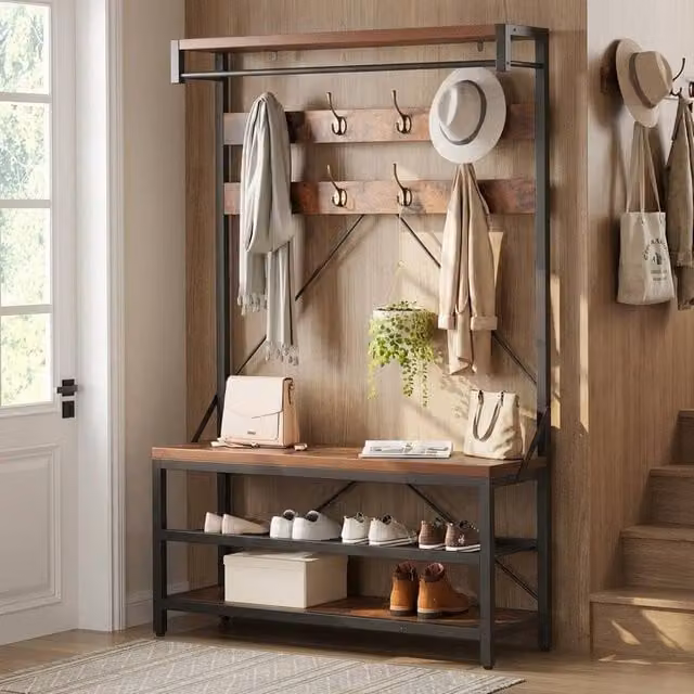 London Boutique 4-in-1 Hallway Storage Unit with Shoe Bench and 8-Hook Coat Rack in Brown – 1