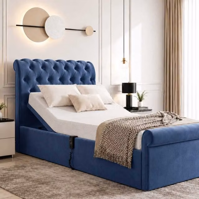 K Mehmood Enterprise Ltd Luxury Blue Velvet Electric Adjustable Bed with Chesterfield Headboard and Footboard, W/D/H: 180 x 200 cm