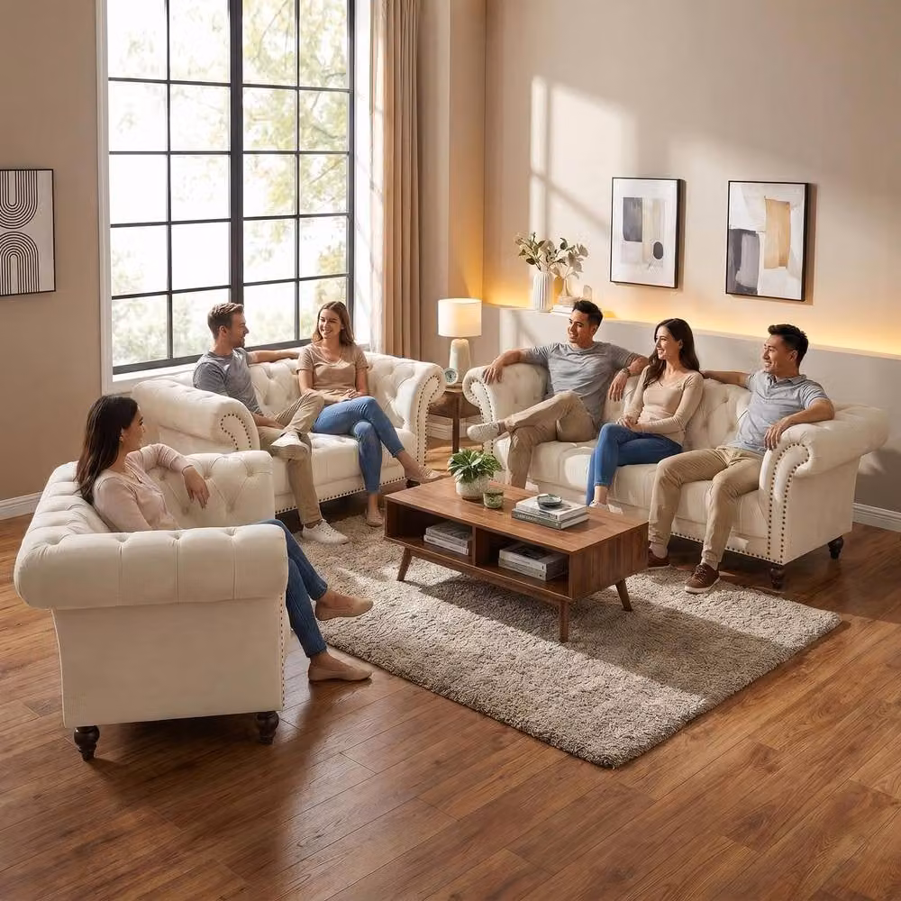 Bravich LTD Chesterfield 1 Seater Velvet Sofa in Beige with Buttoned Back and Rolled Arms – 2