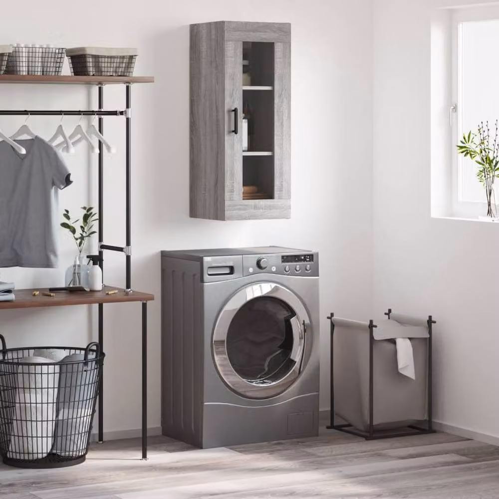 Berkfield Home Wall Mounted Cabinet in Grey Sonoma with Glass Doors, W/D/H: 34.5 x 34 x 90 cm – 2