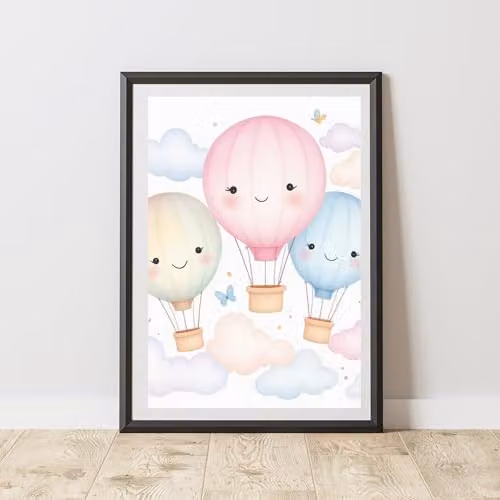 60 Second Makeover Hot Air Balloons and Clouds Print Wall Art Poster, Multicolour, A4