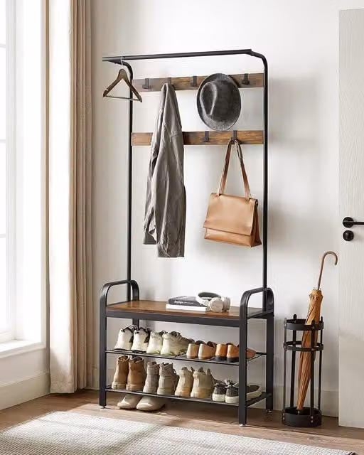 VASAGLE 4-in-1 Industrial Hall Tree with Bench, Coat Rack and Clothes Rail in Brown – 1