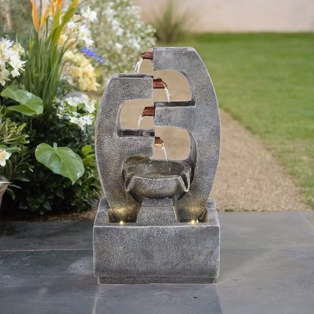 Breeins Solar Tabletop Cascade Water Fountain, Grey Rectangular Stone Design