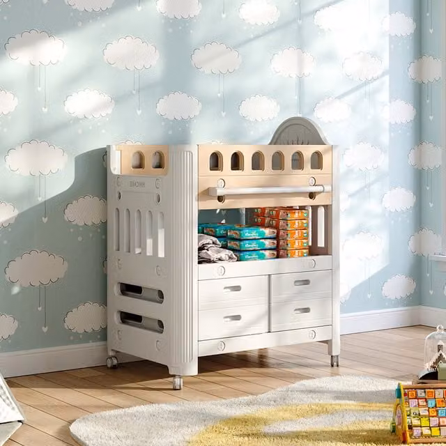 Komore Mobile Baby Diaper Changing Unit with 4 Drawers and Storage Shelf in Beige and Brown