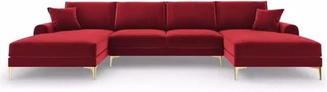 Snug Furniture Birmingham Ltd Monroe Red Velvet Plush U-Shaped Corner Sofa with Gold Legs