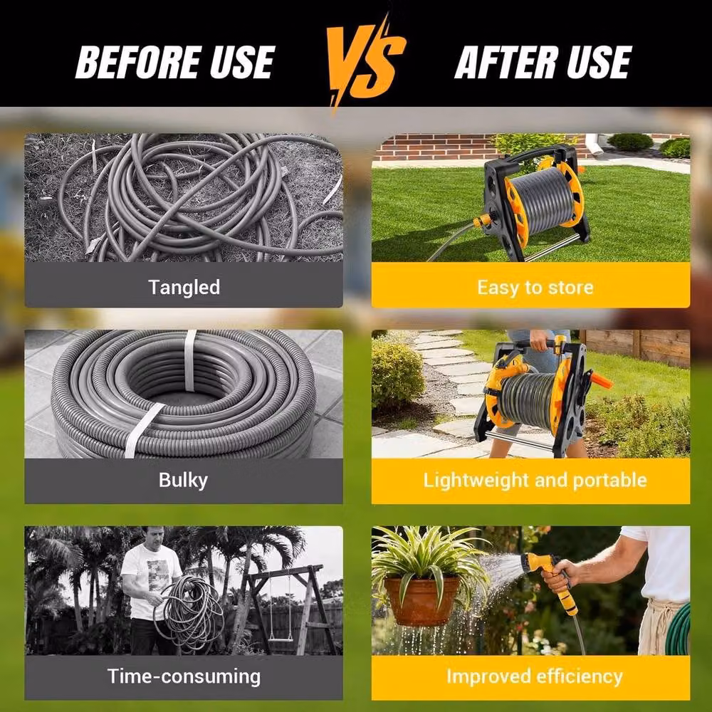 FLAVORA Grey Freestanding Manual Garden Hose Reel Cart with 15m Hose – 4